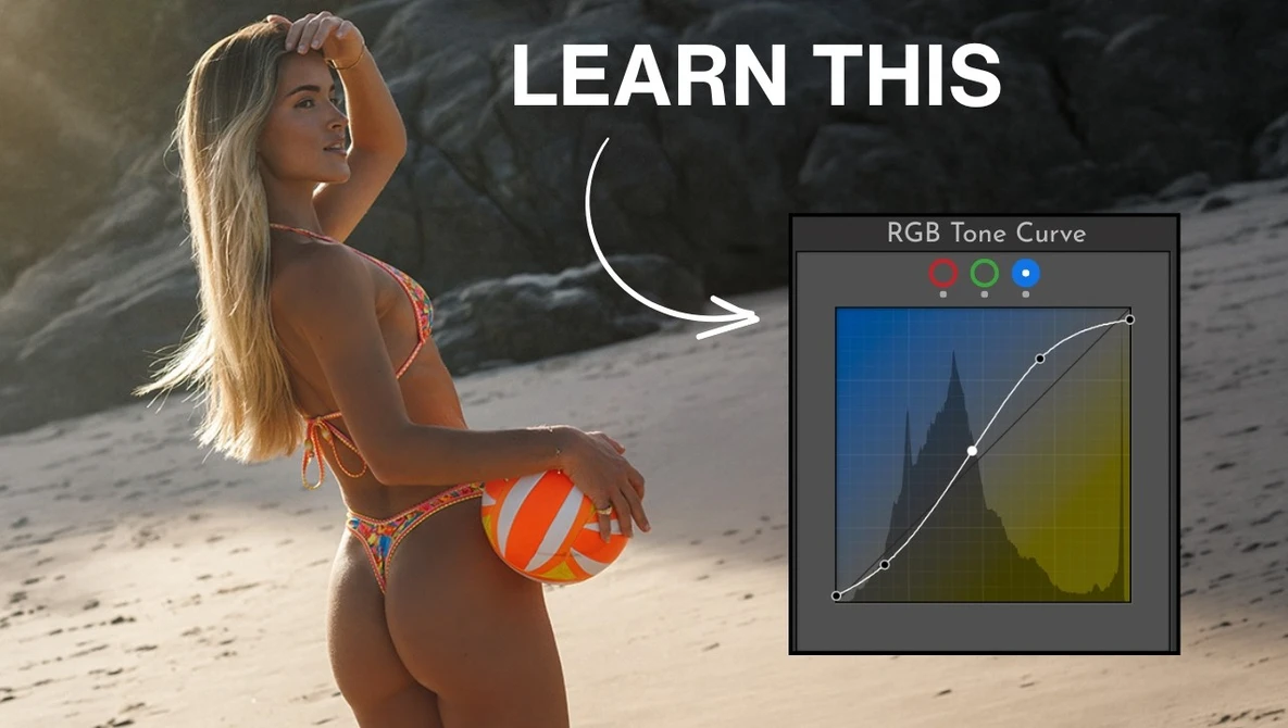 Screenshot of RGB Tone Curve adjustment dialog overlaid on beach portrait photo.