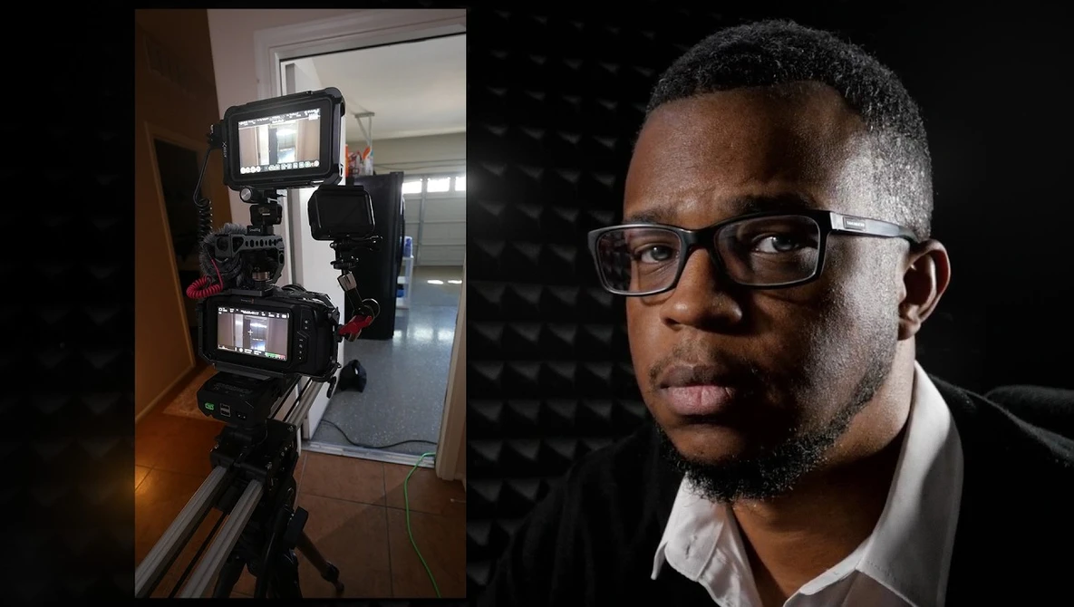 Two-camera rig mounted on tripod with monitors, positioned in an interior space; portrait of man wearing glasses on right.