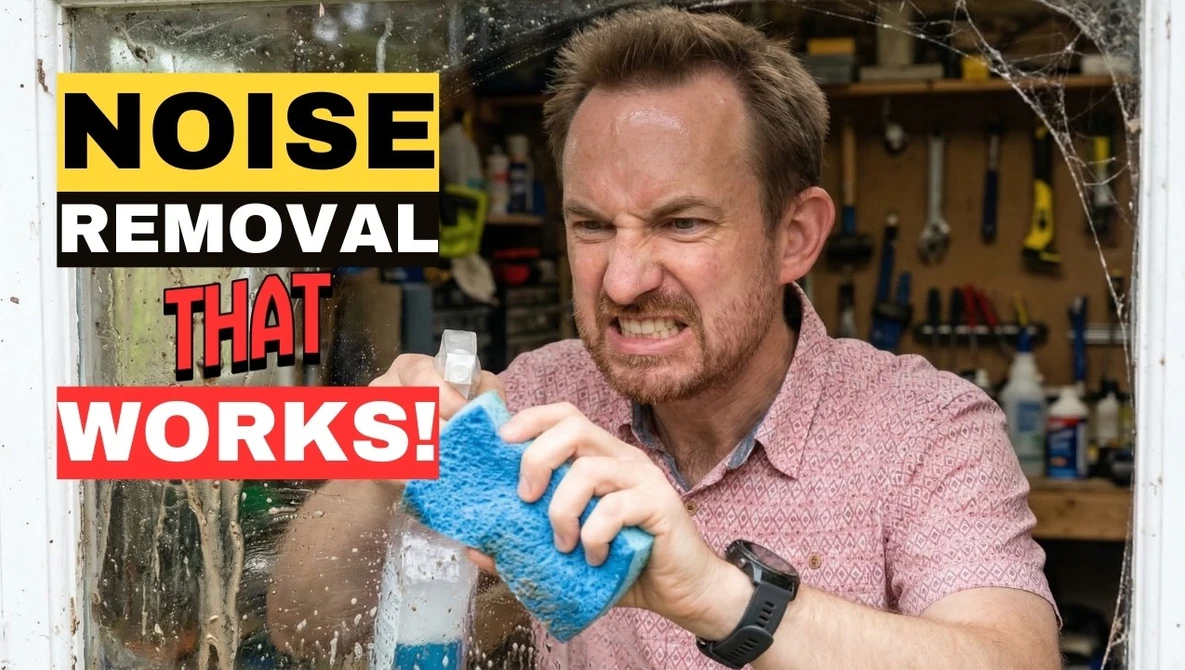 Man in pink shirt demonstrating noise removal technique with blue textured material in workshop setting.