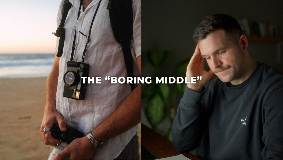 Split-screen comparison showing a photographer with camera gear at a beach and a man at a desk with text overlay reading 'The Boring Middle.'