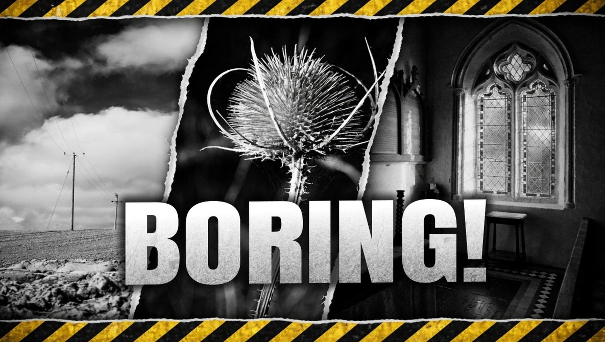 Composite graphic with three black and white photographs separated by yellow and black hazard stripes, with large white text reading "BORING!" overlaid in the center.