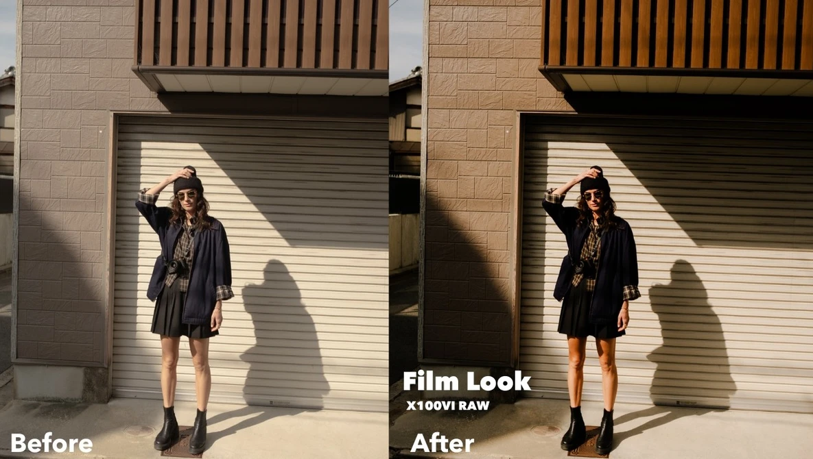 Before and after comparison showing film look color grading applied to portrait of person in black clothing against brick wall.