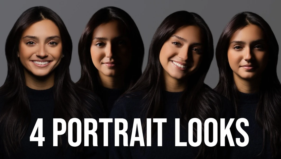 Four portrait headshots of women with long dark hair arranged horizontally against a gray background.