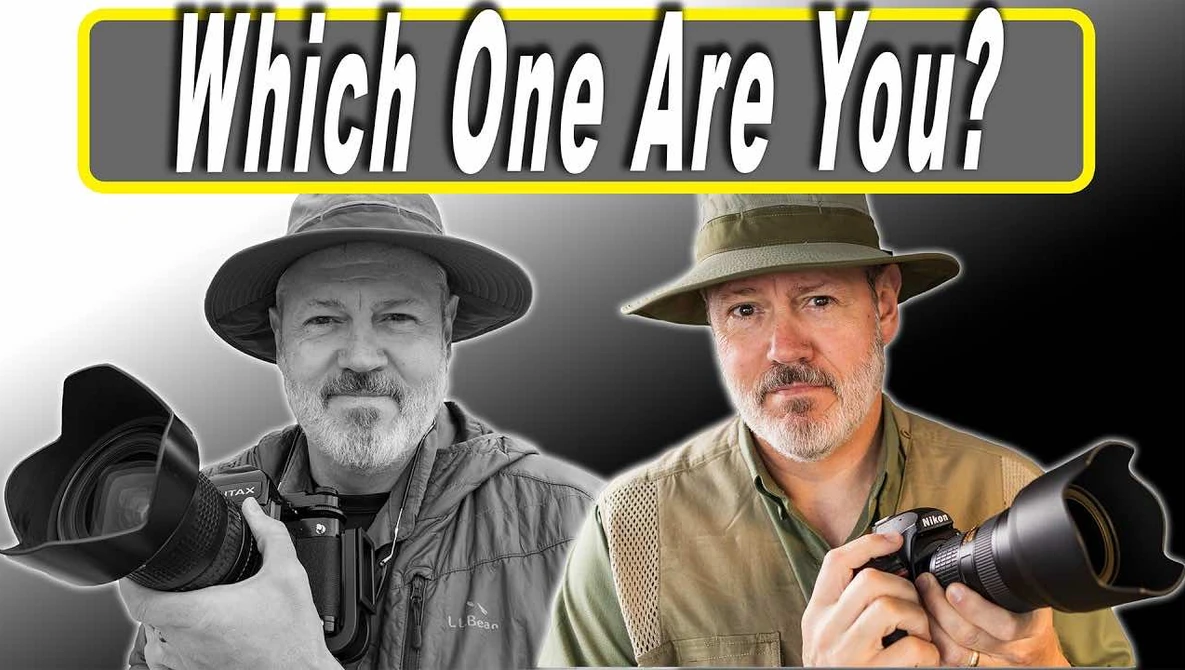 Two photographers wearing cowboy hats holding telephoto lenses against a gray background.