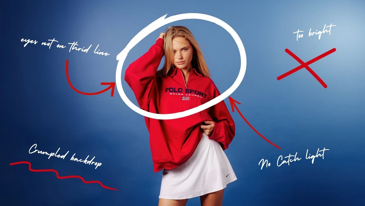 Woman in red jacket posing against blue background with circular light and annotated lighting diagram.