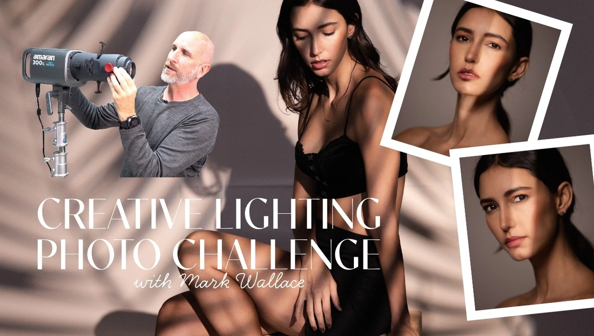Photography instructor demonstrating studio lighting technique with professional light modifier and model.