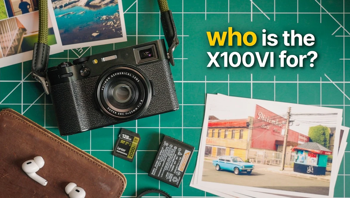 Flat lay of a vintage film camera, printed photographs, memory cards, earbuds, and brown leather pouch on a green cutting mat.