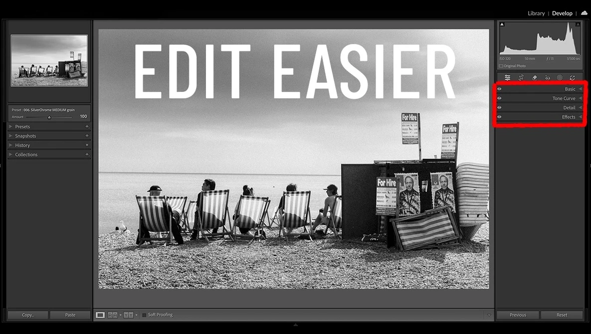 Screenshot of photo editing software displaying a black and white beach scene with text overlay reading 'EDIT EASIER'.
