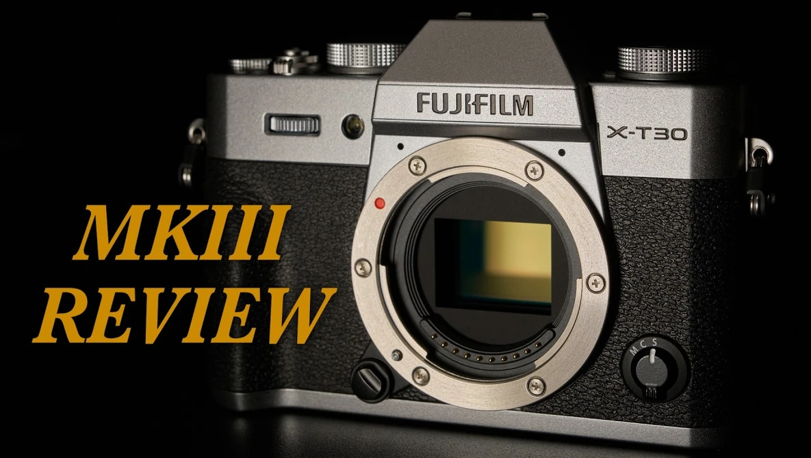Fujifilm X-T30 mirrorless camera body displayed against black background with yellow review text overlay.