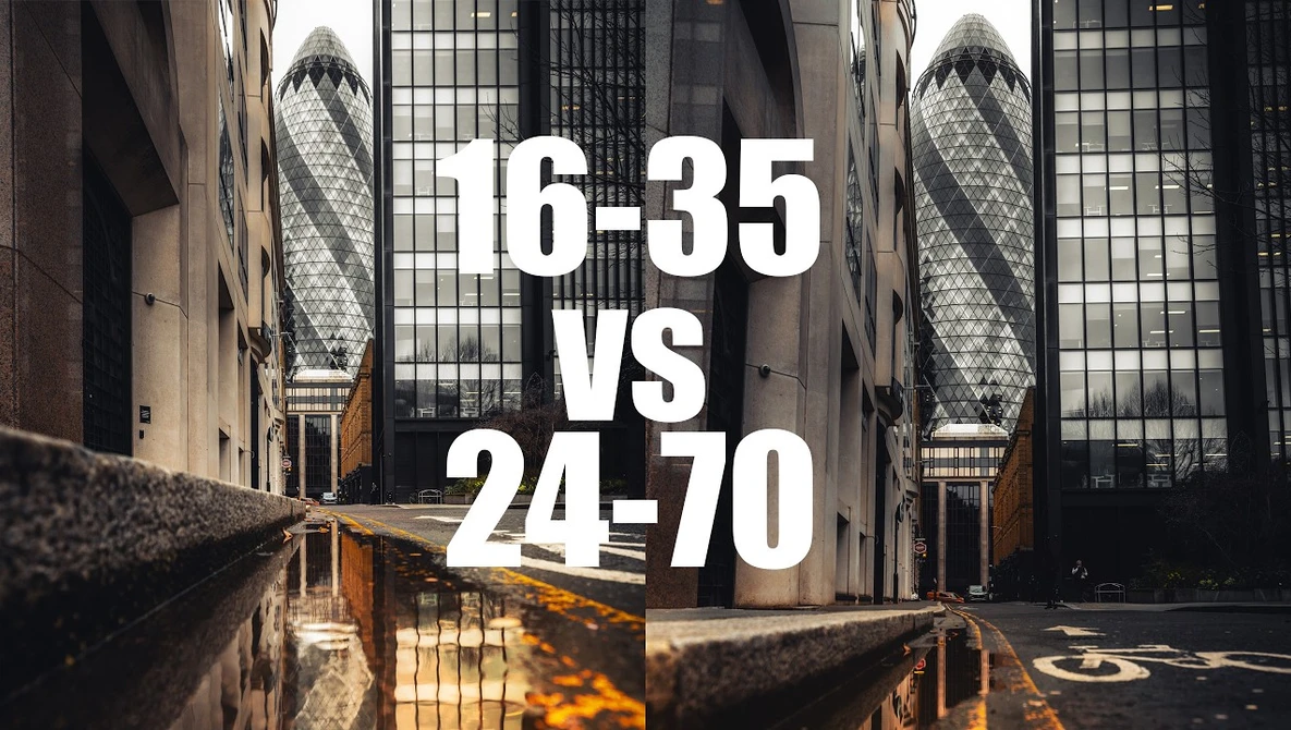 Urban street between tall buildings with text overlay comparing aspect ratios 16-35 vs 24-70.