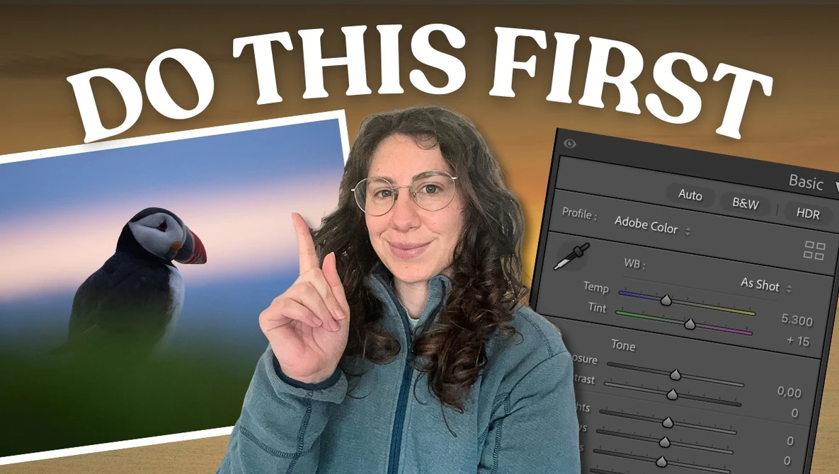 Woman pointing at puffin photo while demonstrating Adobe Lightroom editing panel on computer screen.