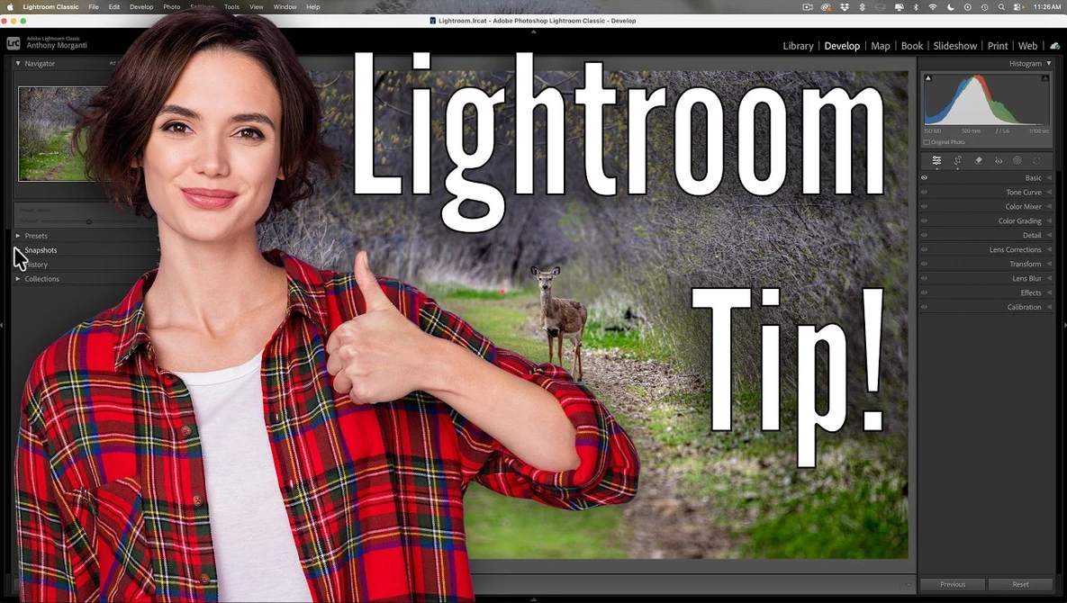 Screenshot of Lightroom interface with woman in red plaid shirt giving thumbs up gesture.