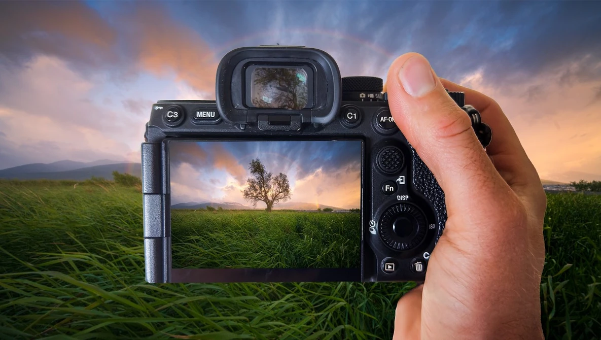 Photographer's hands holding mirrorless camera displaying landscape scene with solitary tree in green field on LCD screen.
