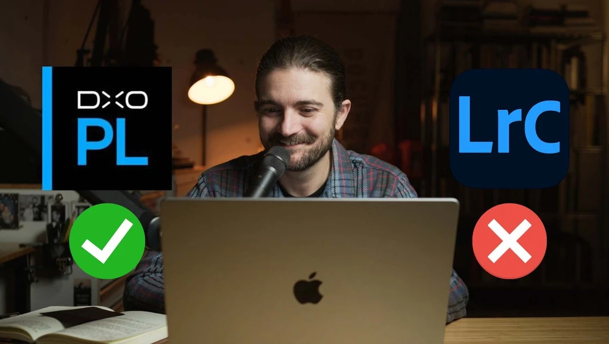 Man at laptop with DXO PL and Lightroom software logos and approval/rejection indicators overlaid.