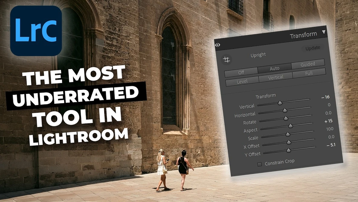 Adobe Lightroom interface showing the Transform panel with adjustment sliders overlaid on a photograph of a stone building.