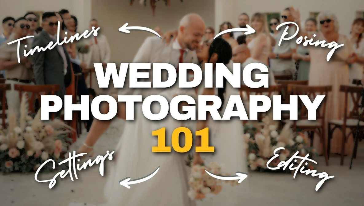 Graphic titled "Wedding Photography 101" with four labeled arrows pointing to key topics: Timeliness, Posing, Settings, and Editing.