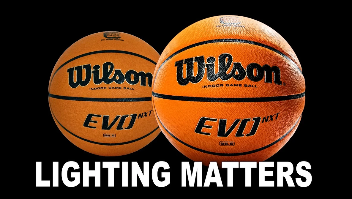 Two Wilson EVO NXT basketballs against a black background, with text reading 'LIGHTING MATTERS' below.