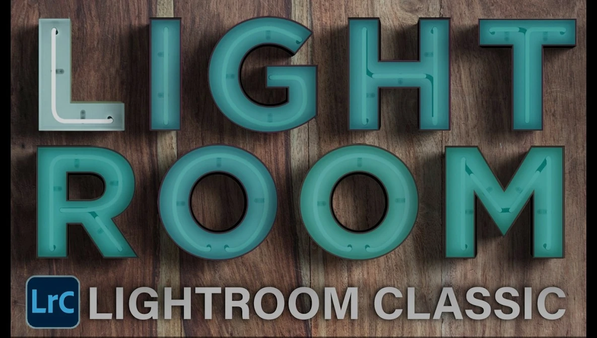 Graphic displaying "LIGHT ROOM" in large turquoise 3D letters on a wood texture background, with Lightroom Classic logo below.