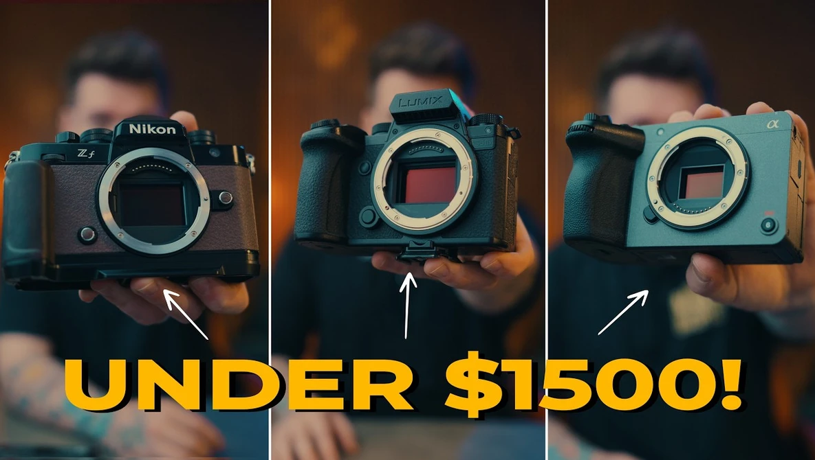 Three camera bodies displayed side-by-side, each held by a person against a warm-toned backdrop.