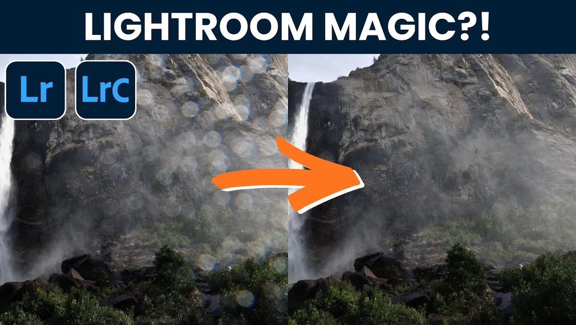 Before and after comparison of a waterfall landscape showing increased contrast and clarity in the processed version.