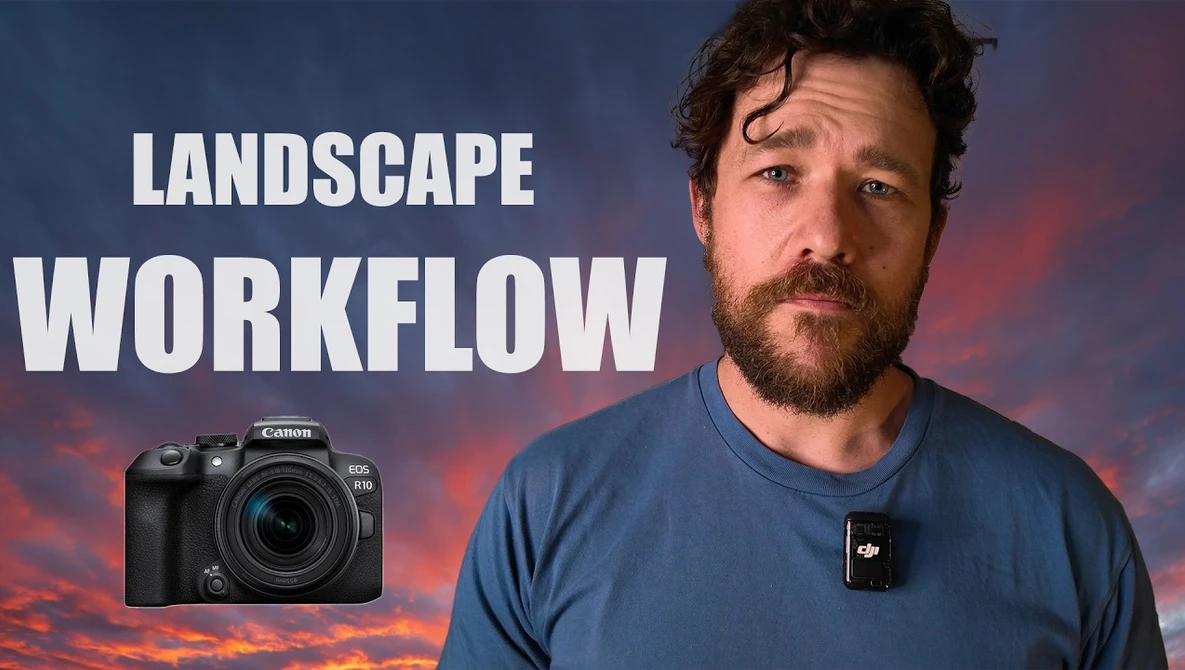 Man in blue shirt standing before dramatic sunset sky with Canon camera and DJI drone displayed.