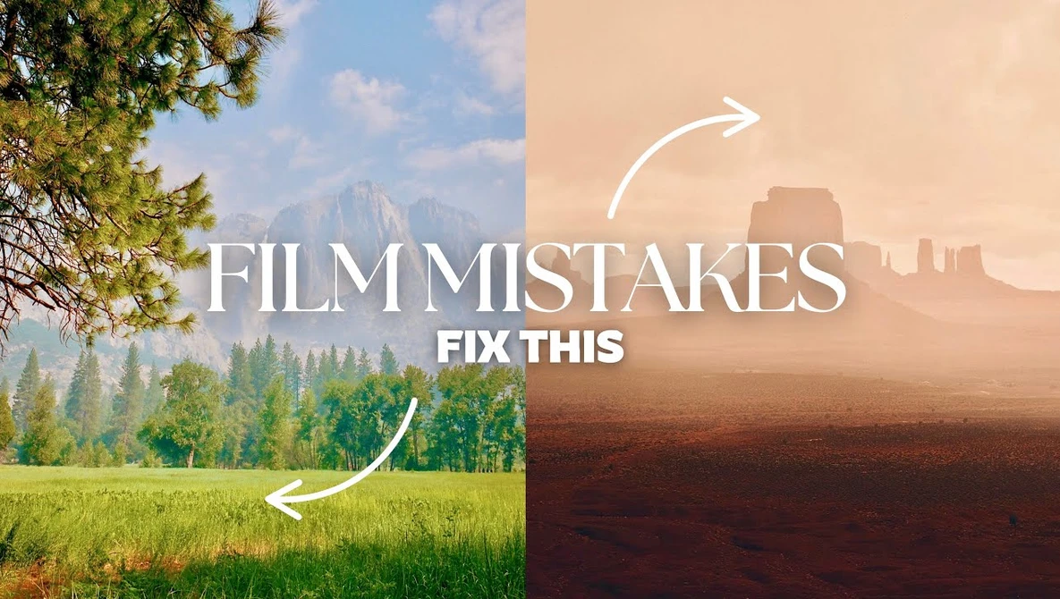 Graphic comparing film mistakes with arrows pointing between a lush forest landscape and a desert landscape.