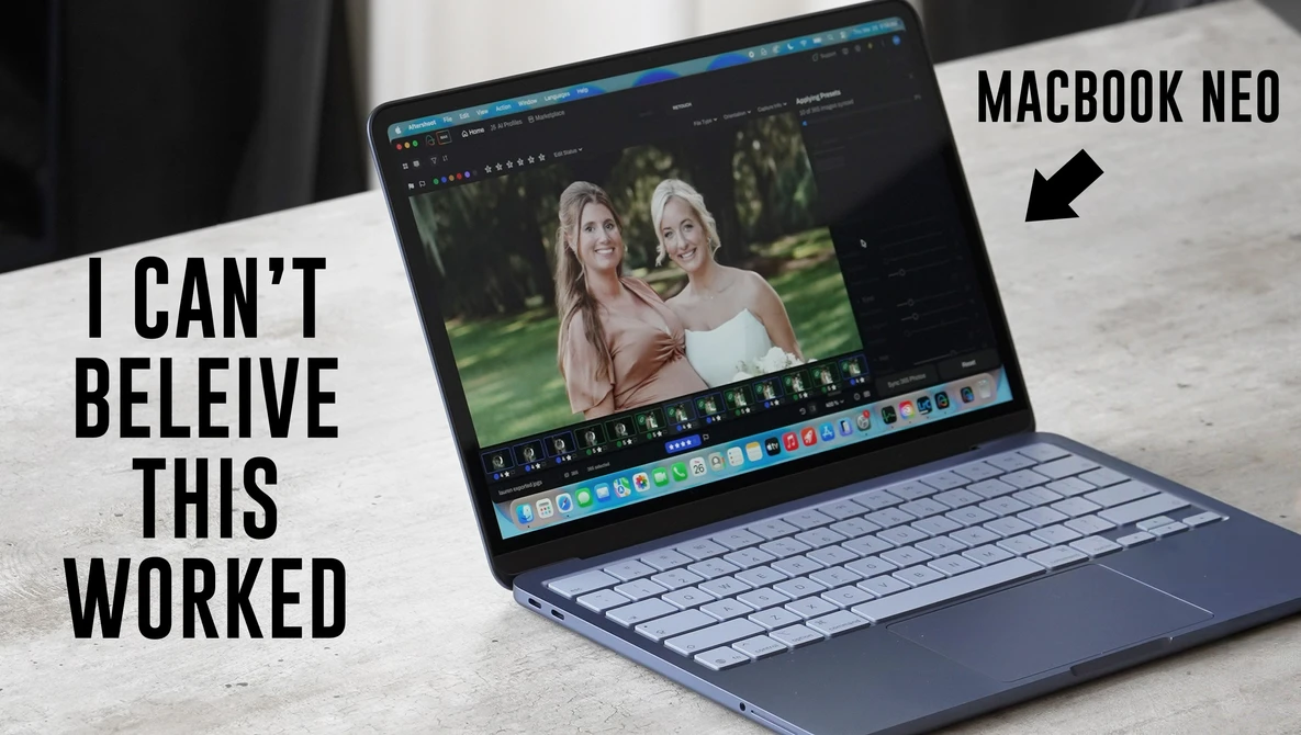 MacBook Neo laptop displaying photo editing software with portrait of two women, with text overlay expressing disbelief at editing results.