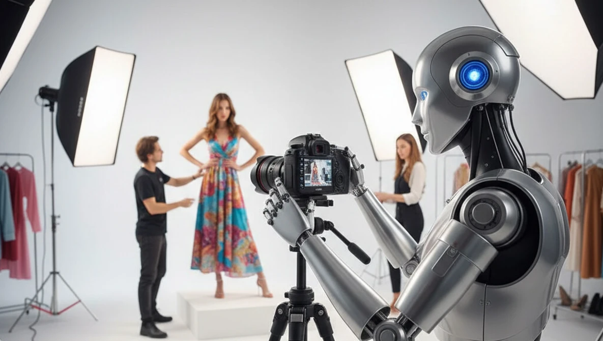 Robot operating a professional camera in a studio photography session with a model and crew.