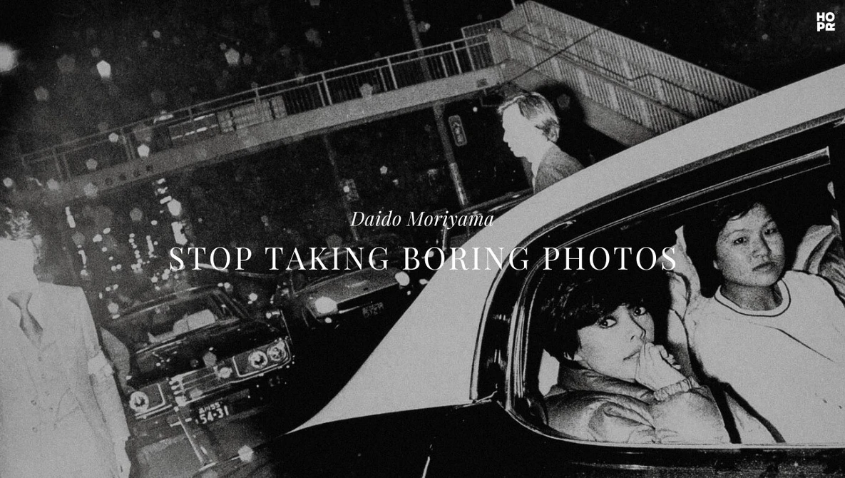 Black and white photograph of people in a car with overlaid text reading "STOP TAKING BORING PHOTOS."