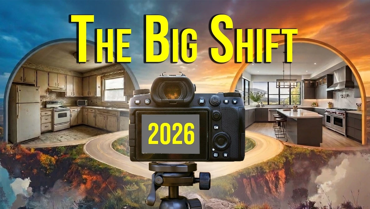 Professional camera on tripod positioned between two kitchen interiors with dramatic sky and landscape background, with '2026' displayed on camera screen.