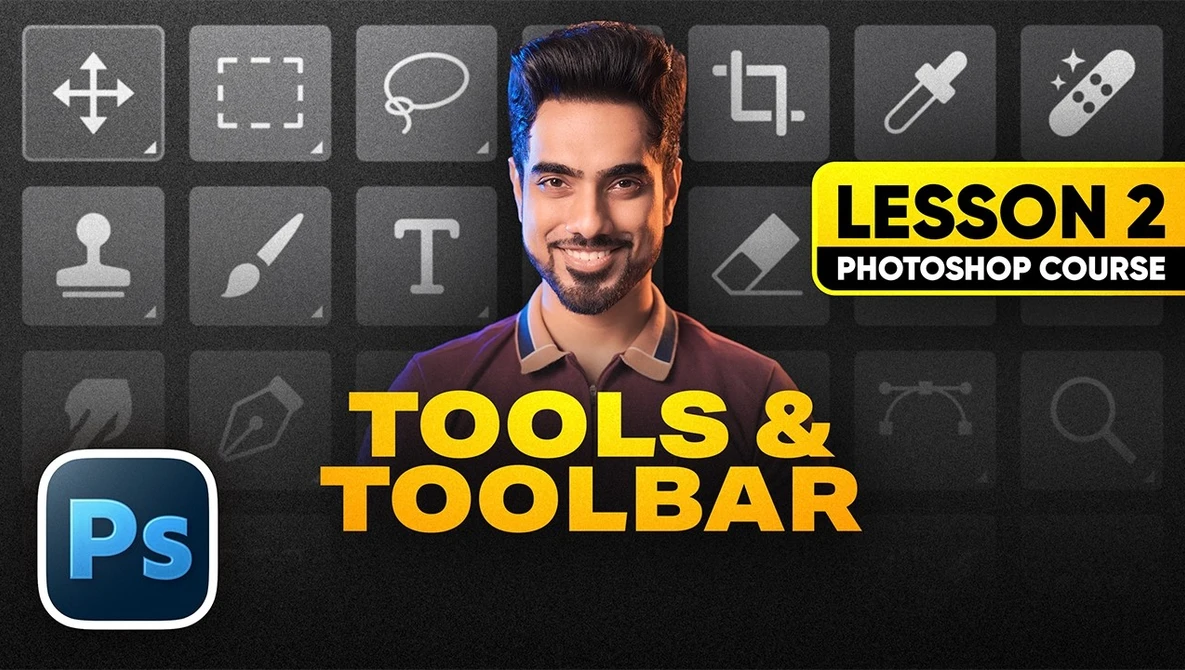 Screenshot of Adobe Photoshop's Tools & Toolbar panel with instructor and lesson title overlay.