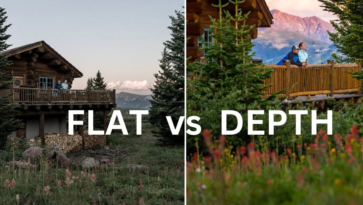 Side-by-side comparison of landscape photography techniques: flat perspective versus depth layering with foreground, middle ground, and background elements.