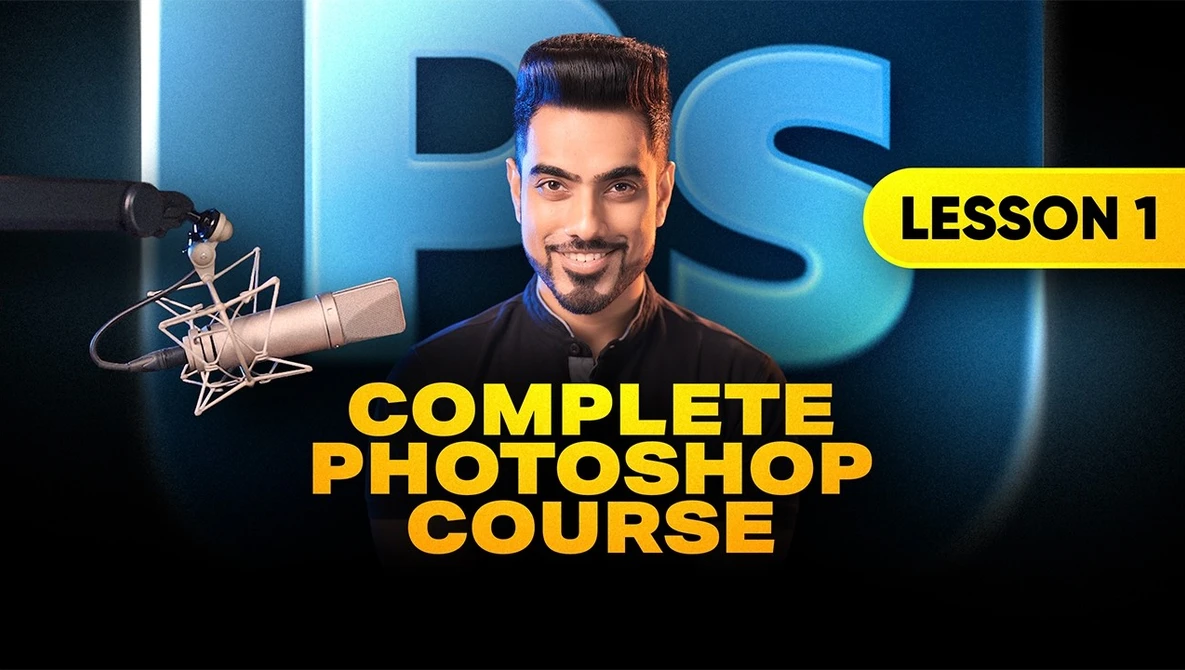 Man smiling at camera next to a studio microphone with blue PS text background.