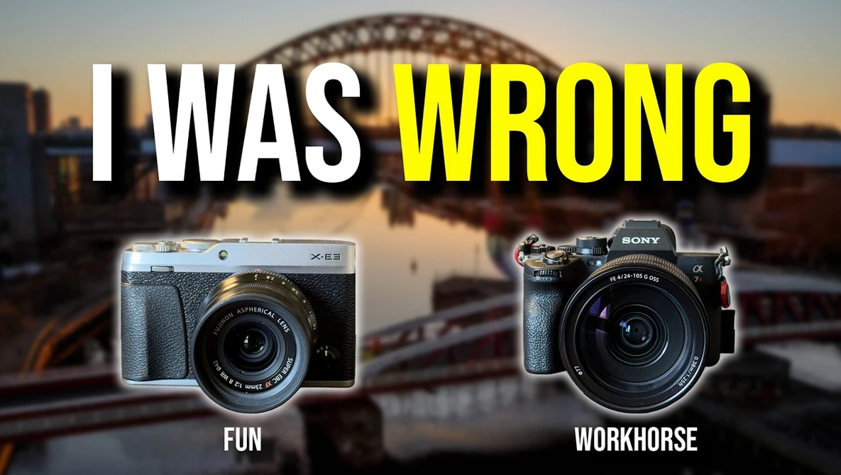 Meme comparing two cameras side by side with a bridge at sunset in the background.