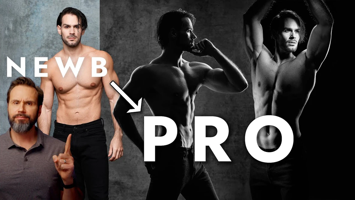 Before-and-after fitness transformation comparison showing three male subjects in different lighting setups.