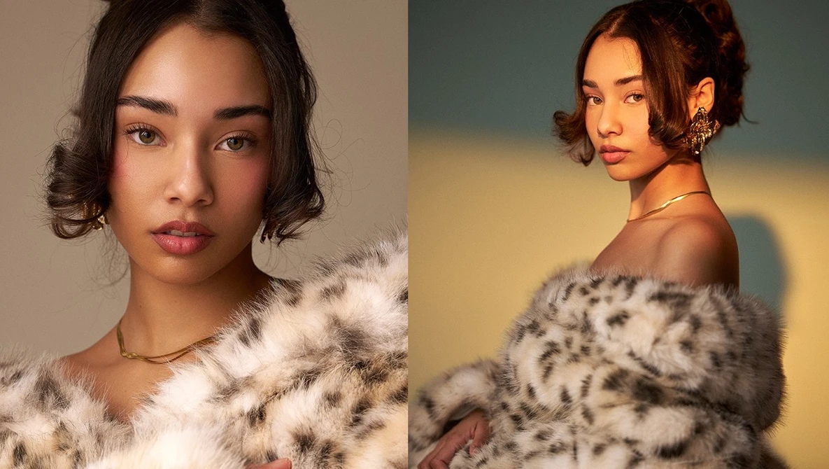 Side-by-side portrait comparison showing a woman wearing a spotted fur garment against neutral and warm-toned backgrounds.