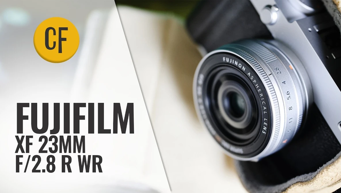 Fujifilm XF 23mm f/2.8 R WR lens mounted on a camera body, shown in silver finish.