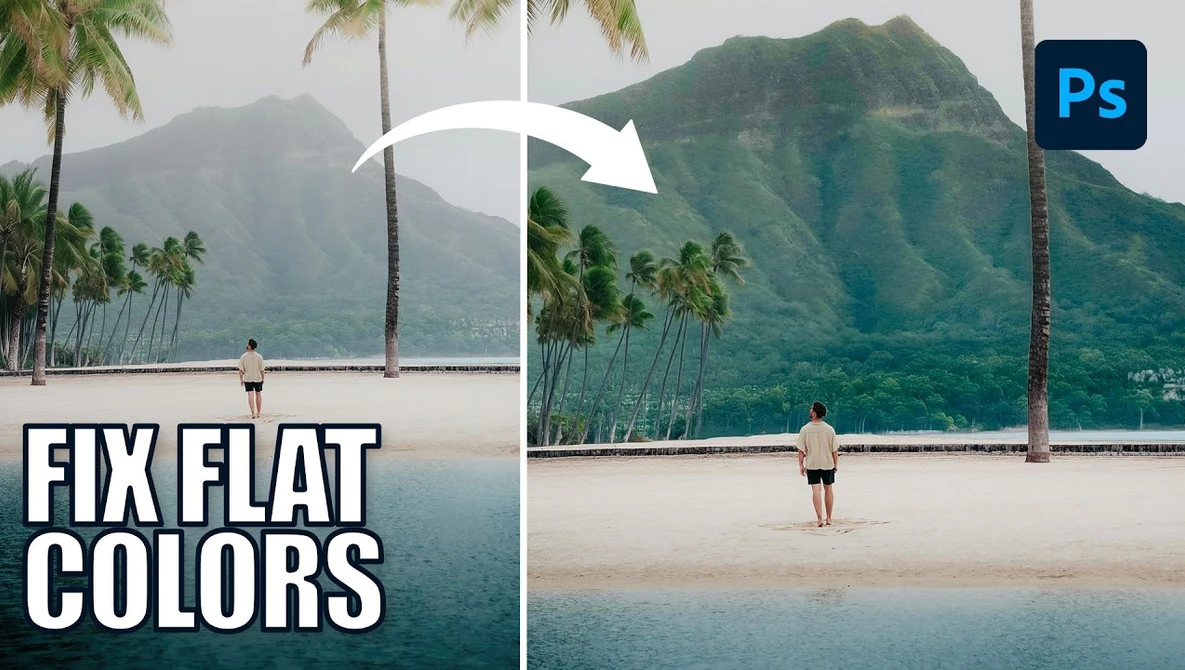 Before and after comparison showing color correction applied to a beach scene with mountains and palm trees.