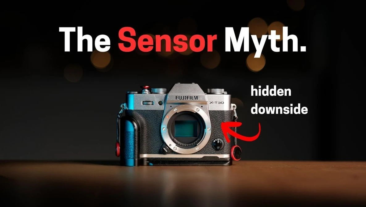 Graphic illustration of vintage film cameras with text overlay reading "The Sensor Myth" and an arrow indicating "hidden downside."
