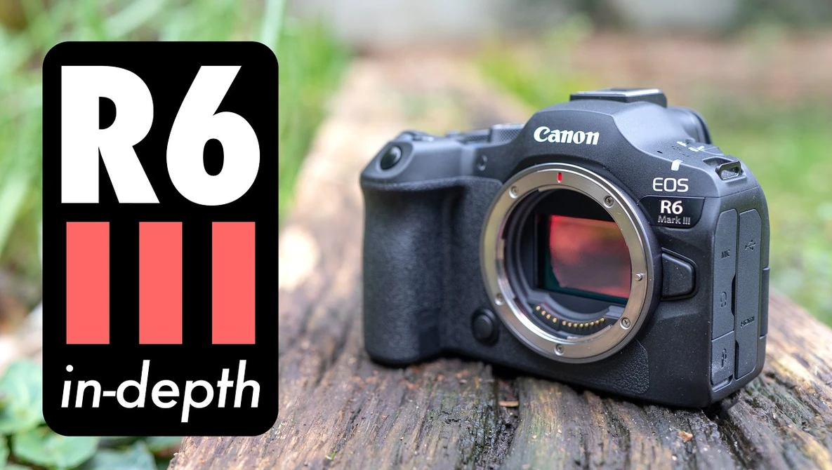 Canon EOS R6 mirrorless camera body displayed on a wooden surface with R6 in-depth review logo overlay.
