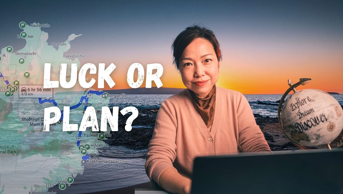 Woman at laptop with map and globe graphic overlaid with text "Luck or Plan?" against ocean sunset background.