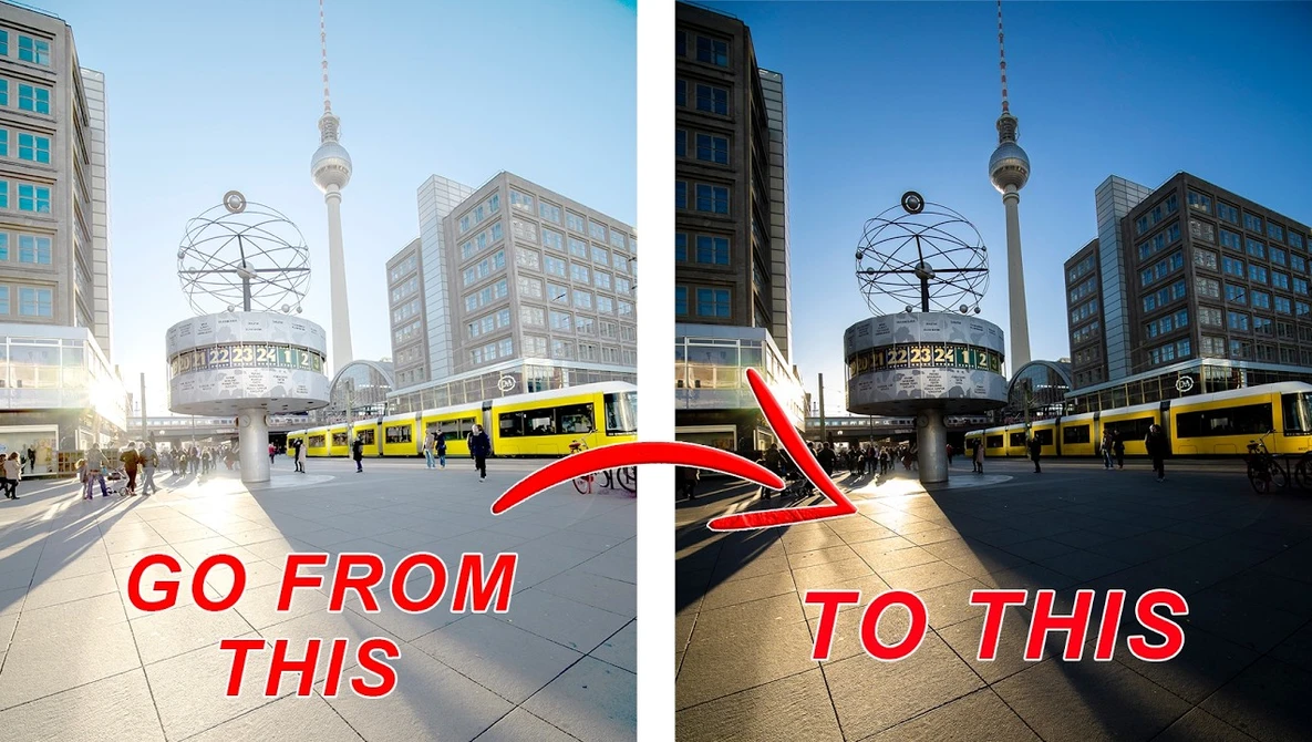 Before-and-after comparison of an urban plaza scene with dramatic lighting and processing changes.
