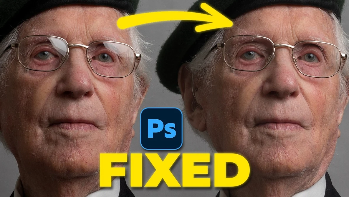 Screenshot of Photoshop interface showing before and after comparison of facial retouching with yellow arrow indicating correction.