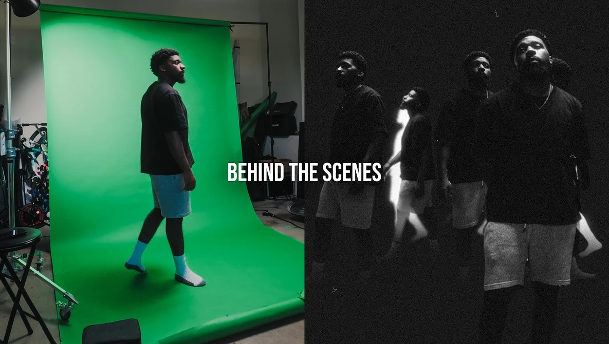 Split-screen comparison showing a model on a bright green screen during a studio photoshoot and the resulting black and white final image with multiple figures.