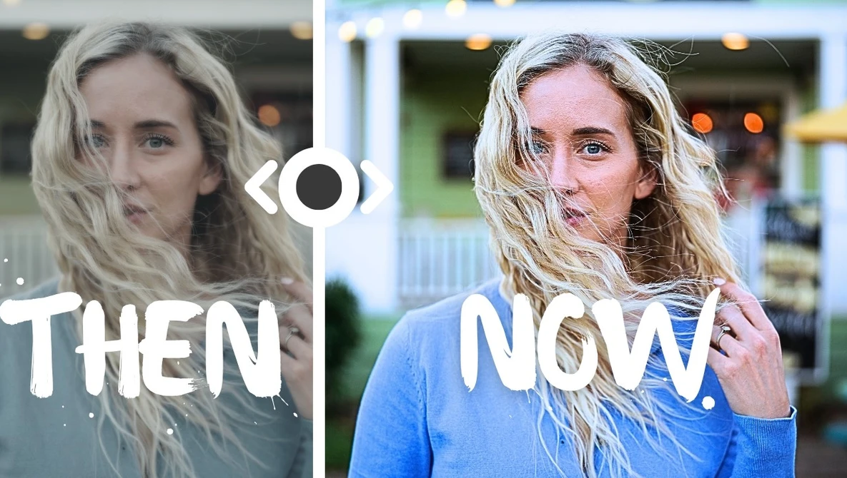 Side-by-side comparison showing a woman's portrait from two different time periods with a transition symbol between them.