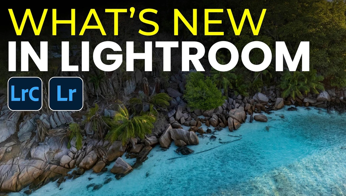 Tropical coastal landscape with turquoise water and rocky shoreline, with Lightroom and Lightroom Classic logos overlaid.