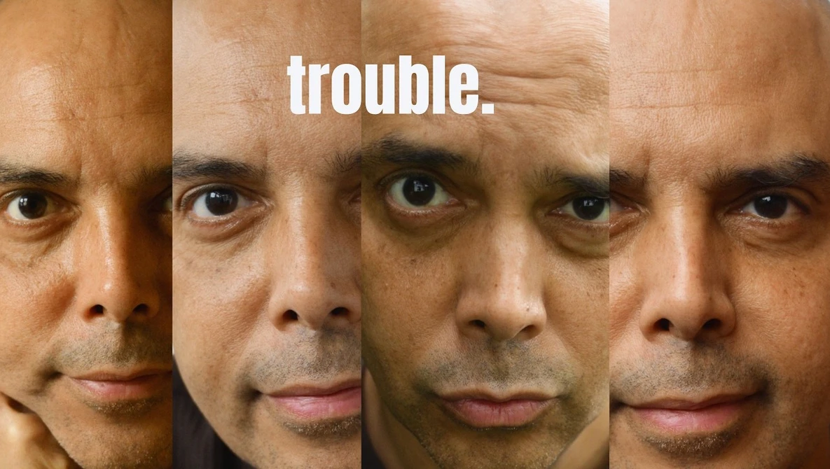 Four close-up portrait variations of the same man's face showing different expressions and lighting angles.