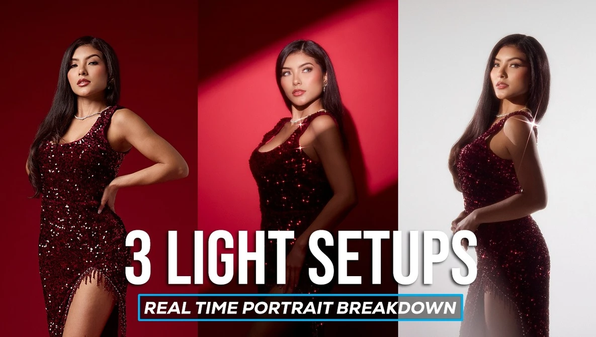 Three portrait variations of a woman in a burgundy sequined dress against different colored backdrops.