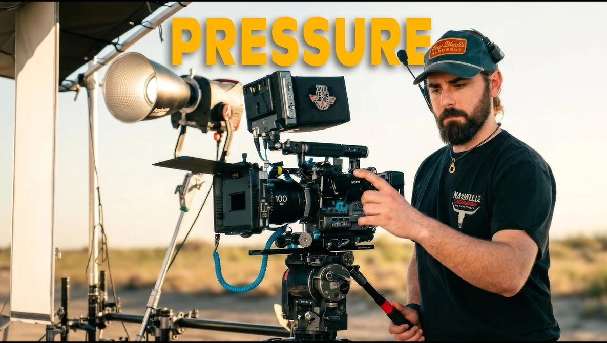 Cinematographer operating a cinema camera on a professional film set with studio lighting.