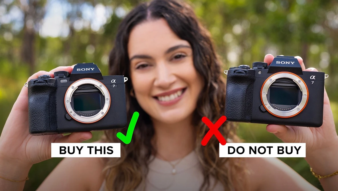 Two Sony Alpha mirrorless cameras held side-by-side, one marked with a green checkmark and one with a red X.